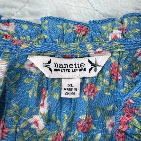 Nanette Lepore Blue Floral Ruffle Sleeve V-Neck Blouse Top Womens XL RN 103715 - Picture 4 of 14